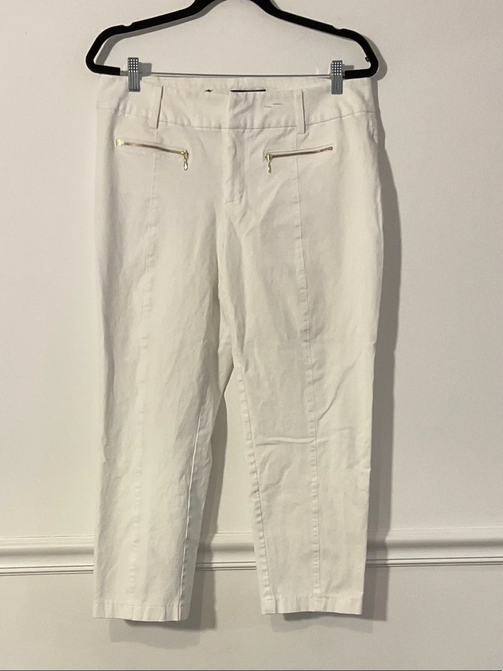 Women's White Cropped Dress Pants with Gold Zippers